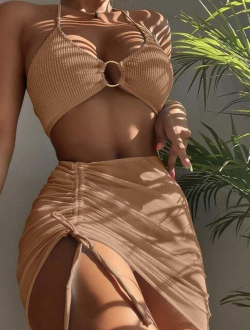 New High Elastic Bikini Set for 2023 Summer Three piece Solid Color