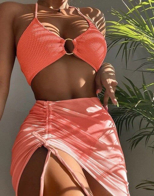 New High Elastic Bikini Set for 2023 Summer Three piece Solid Color