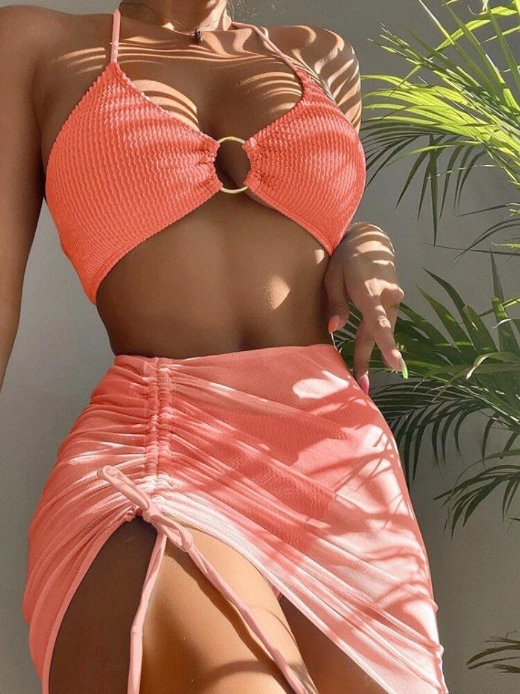 New High Elastic Bikini Set for 2023 Summer Three piece Solid Color