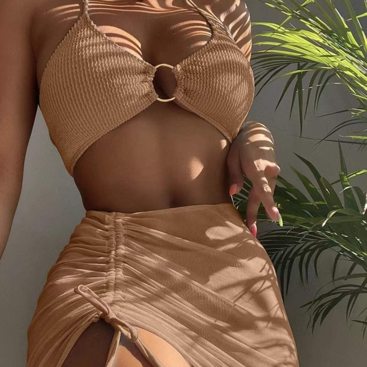 New High Elastic Bikini Set for 2023 Summer Three piece Solid Color