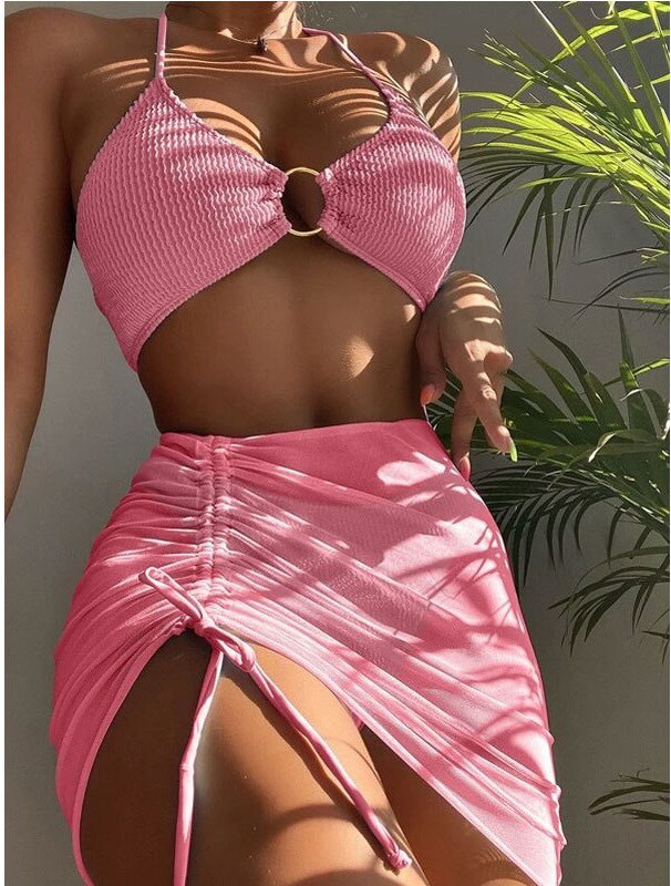 New High Elastic Bikini Set for 2023 Summer Three piece Solid Color