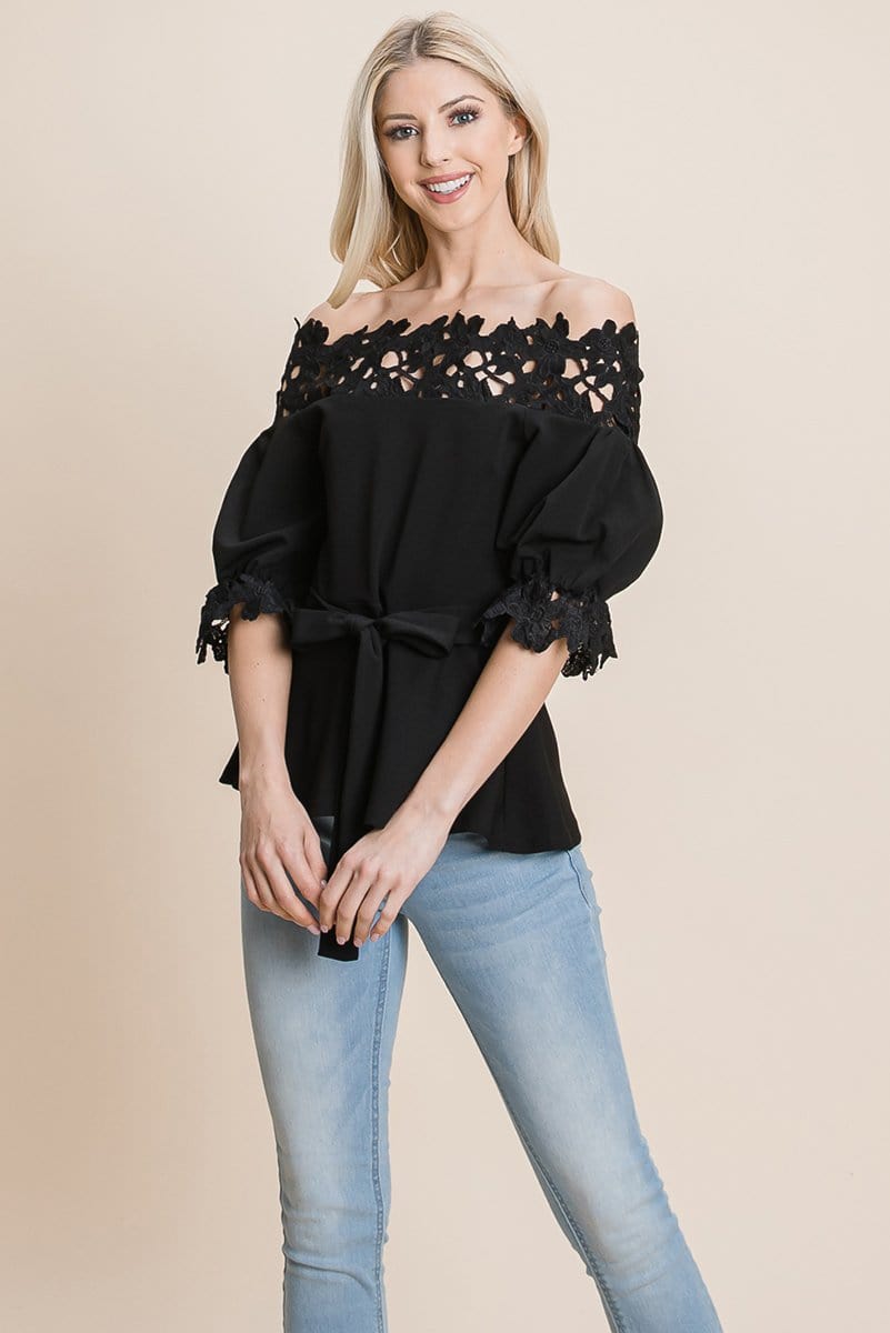 Lace Crochet Self Belted Off The Shoulder Tops with Back Zipper