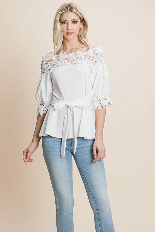 Lace Crochet Self Belted Off The Shoulder Tops with Back Zipper