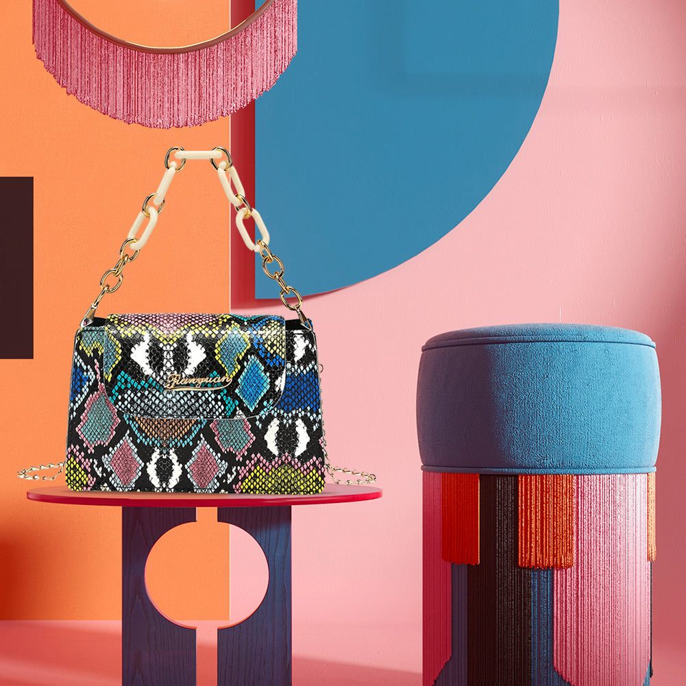 Retro Snake Pattern Printing Handbags Woman Soft PU Leather Shoulder