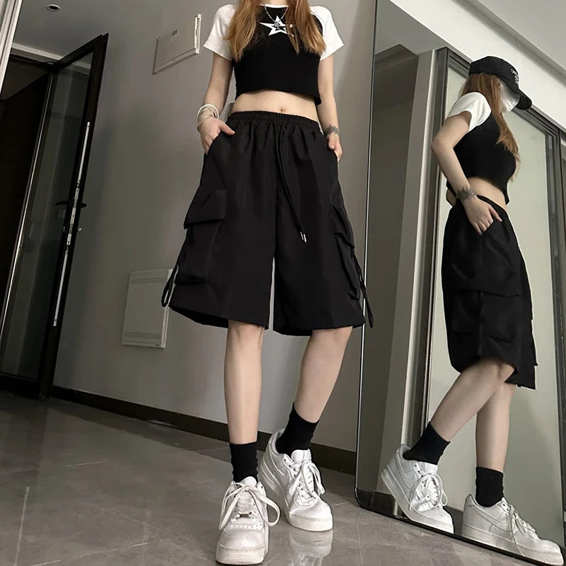 Gidyq Women High Waist Cargo Shorts American Style Streetwear Summer