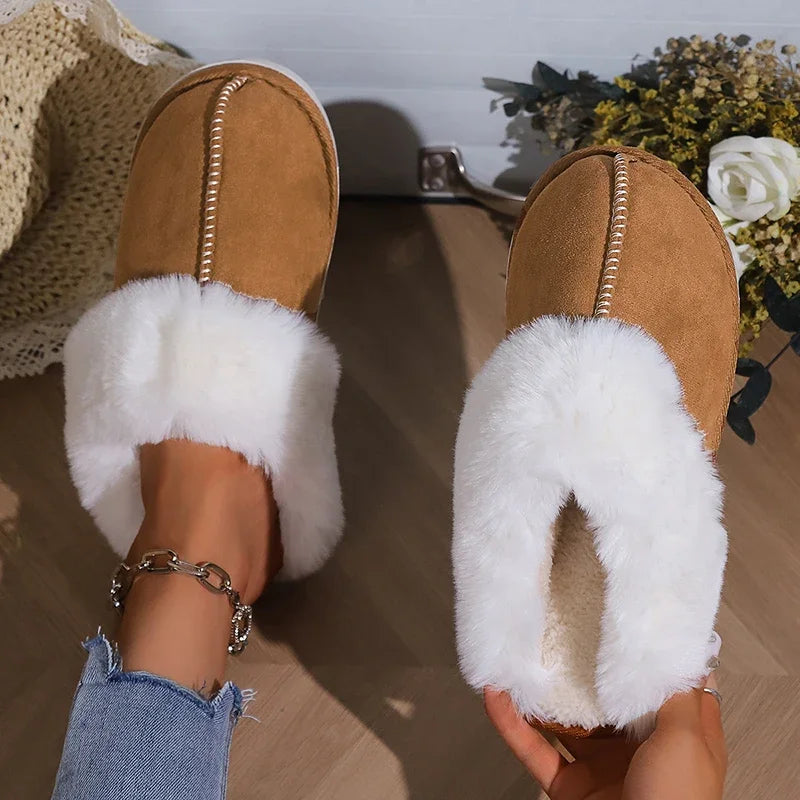 2024 Winter Warm Flat Fur Slippers Women Faux Suede Fluffy Furry Home