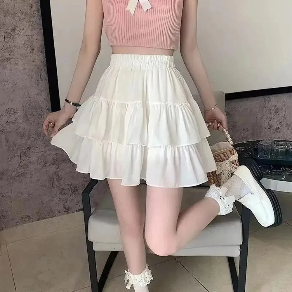 Pleated A-line Skirt White Women Ruffles Sweet Hottie Preppy Style