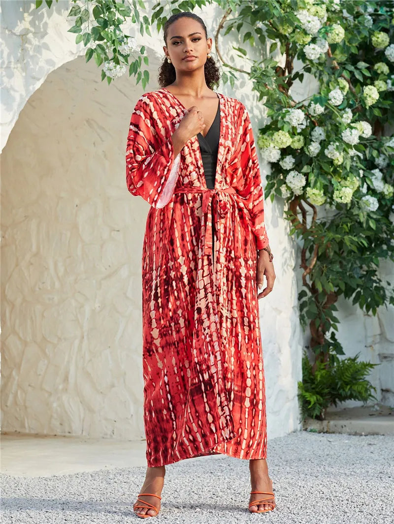 Long Kimono Swimsuit Cover up for Women Stylish Tie Dye Open Front