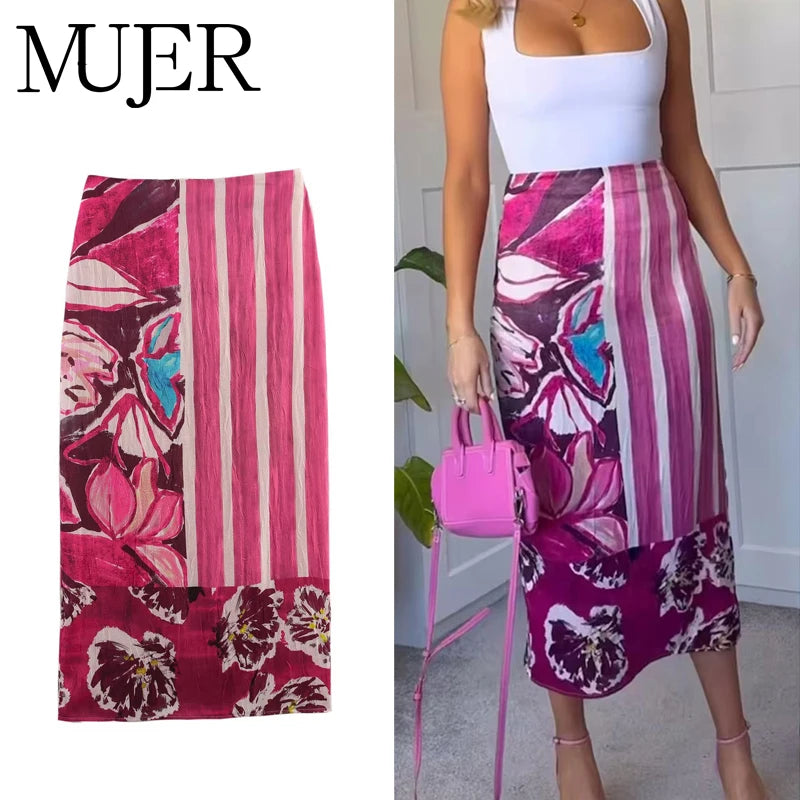 MUJER Print Satin Long Skirts for Women High Waist Midi Skirt Woman