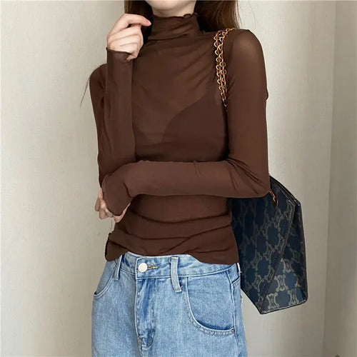 Sexy Women T Shirt See Through Transparent Mesh Tops Long Sleeve Sheer