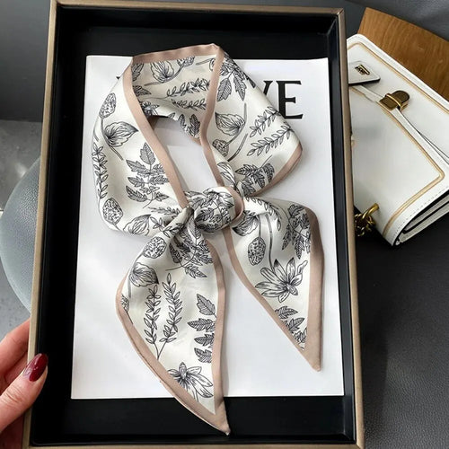 Fashion Print Hair Ribbon Scarf Women Neck Tie Bag Silk Skinny