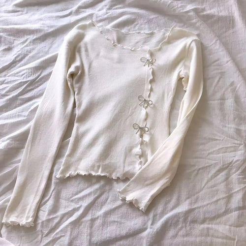 2026 Black/White Solid Lettuce Trim Bowknot Pullover Sweater Y2K