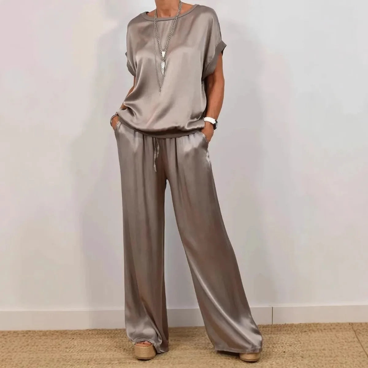 Casual Loose Satin T Shirt Pants Two Piece Sets Women Fashion O-neck