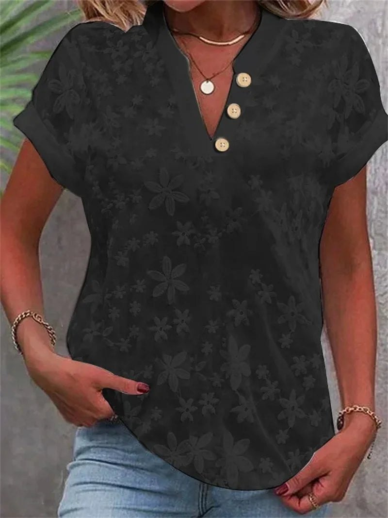 Summer Casual V-neck Shirt Blouse Women Fashion White Jacquard Short