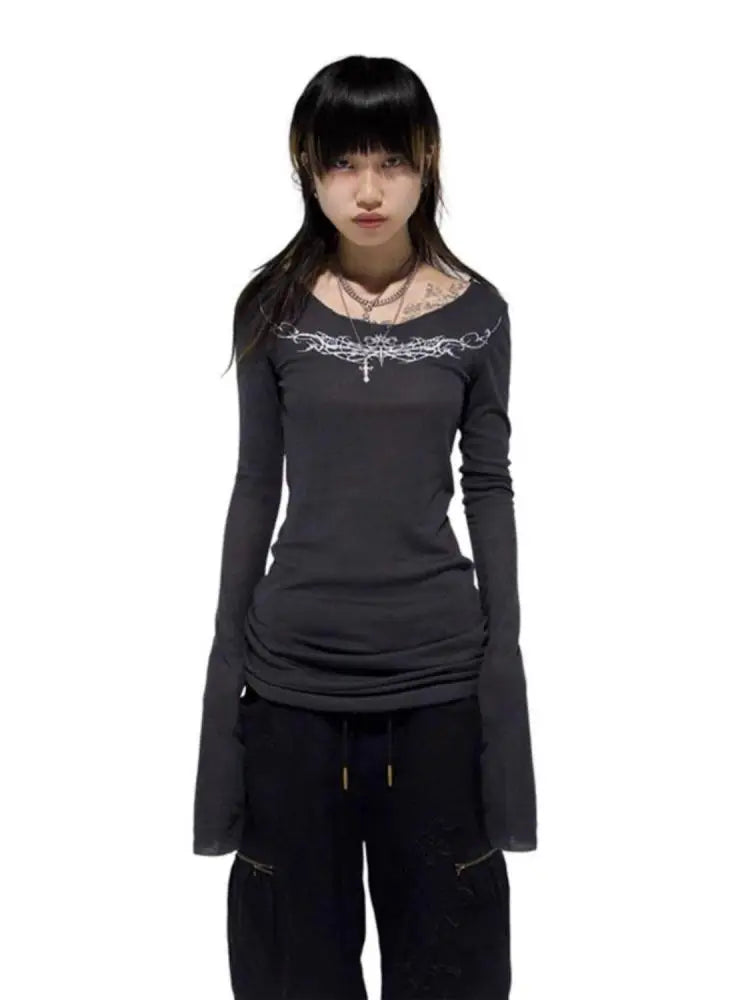 Seeslim Gothic Graphic T Shirts Women Long Sleeve Korean Fashion 2000s