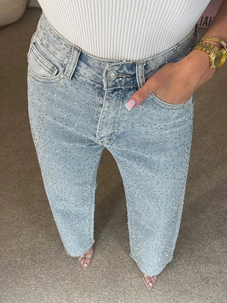 Y2k Women Shiny Rhinestone Denim Pants Wide Leg Straight Full Diamond