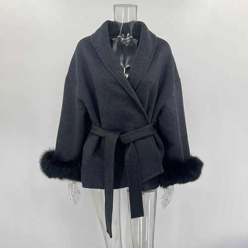 TARUXY Fox Fur Woolen Coats Women's Short Coat Office Lady Removable