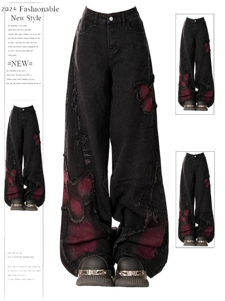 Women's Baggy Butterfly Jeans Vintage 90s Aesthetic Cowboy Pants