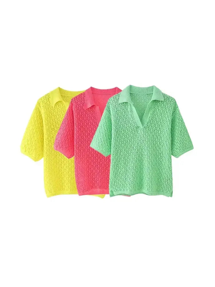 TRZA Women Fashion Pointelle Knit Loose Sweater Polo Collar Short