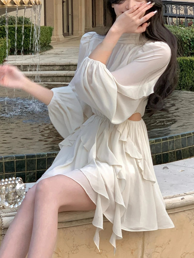 Beach Style Chiffon Y2k Mini Dress Office Lady Casual Long Sleeve