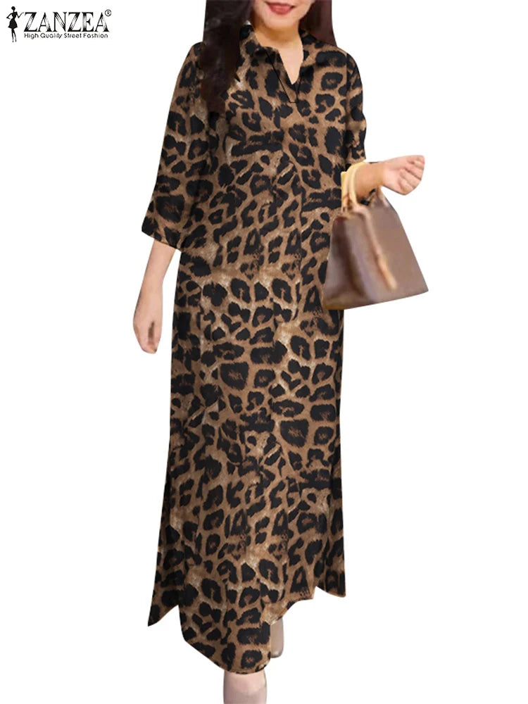 ZANZEA Women Leopard Print Shirt Dress Casual 3/4 Sleeve Lapel