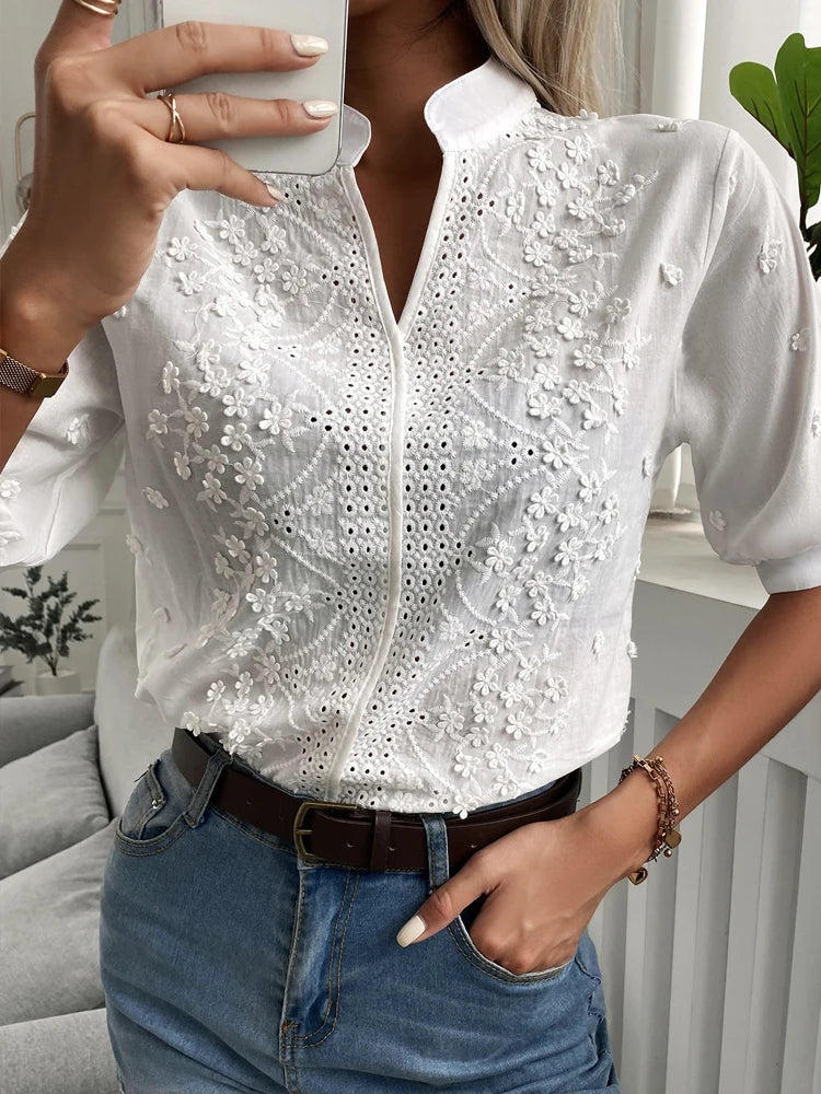 Summer Floral Embroidery Lace Blouse Fashion Women V Neck Casual Shirt