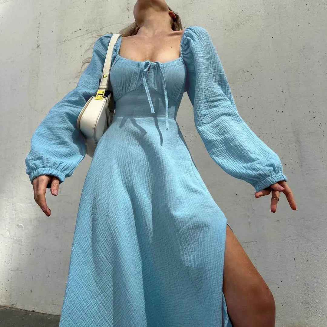 Lace-up Square Collar Sexy Dress Women Autumn Lantern Sleeve Solid