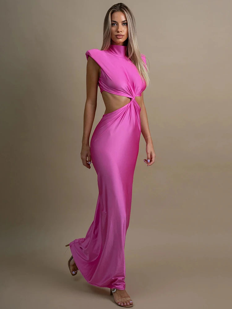 Mozision Hollow Out Turtleneck Sexy Maxi Dress For Women Fashion Solid