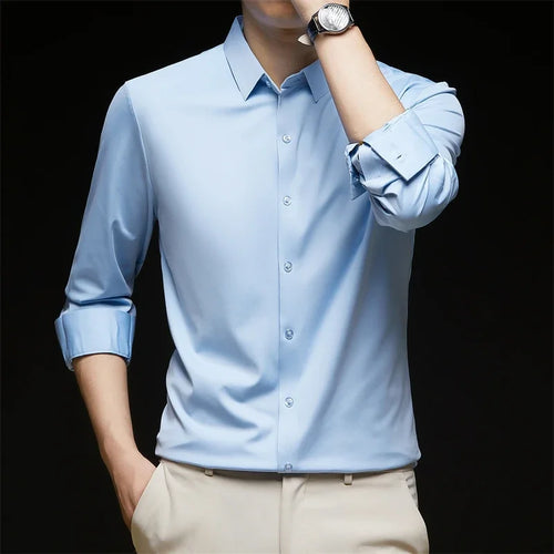 New Men's Business Casual Long Sleeved Solid Color Shirt Wrinkle