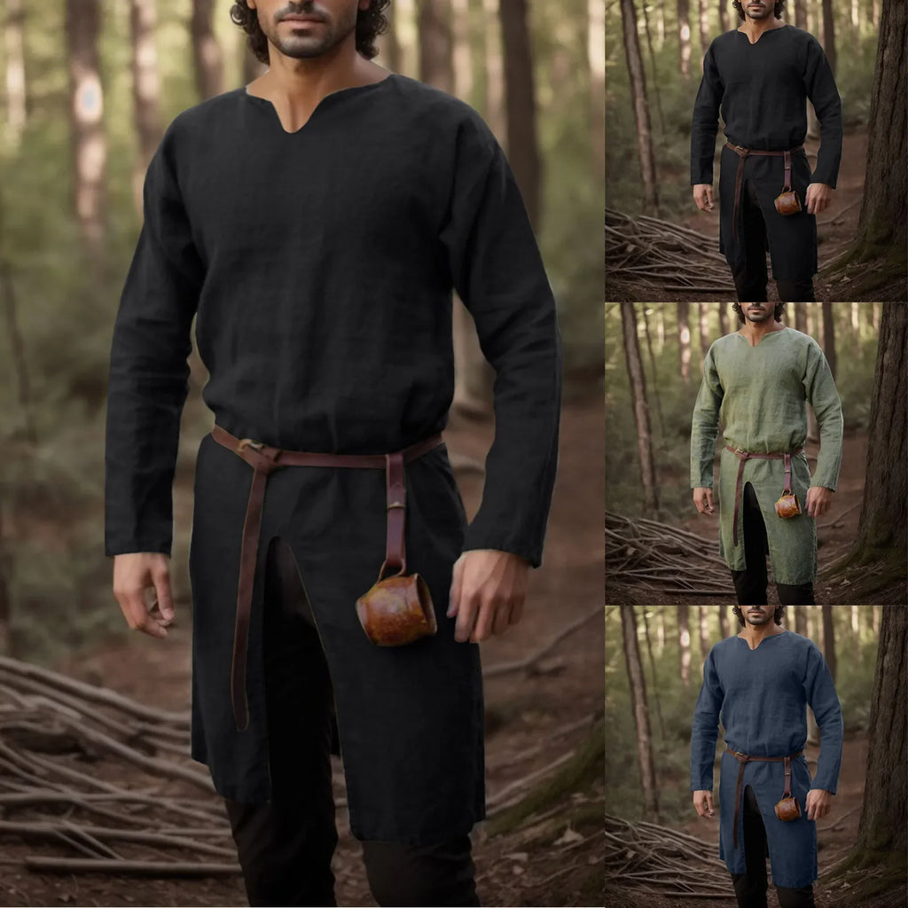 Medieval Renaissance Retro Linen Shirt Tops Tunic Male Long Robes