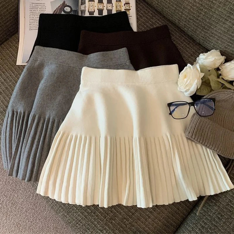 Pleated Mini Skirts Korean Sweet Knitted Skirts Sweet Elastic Waist