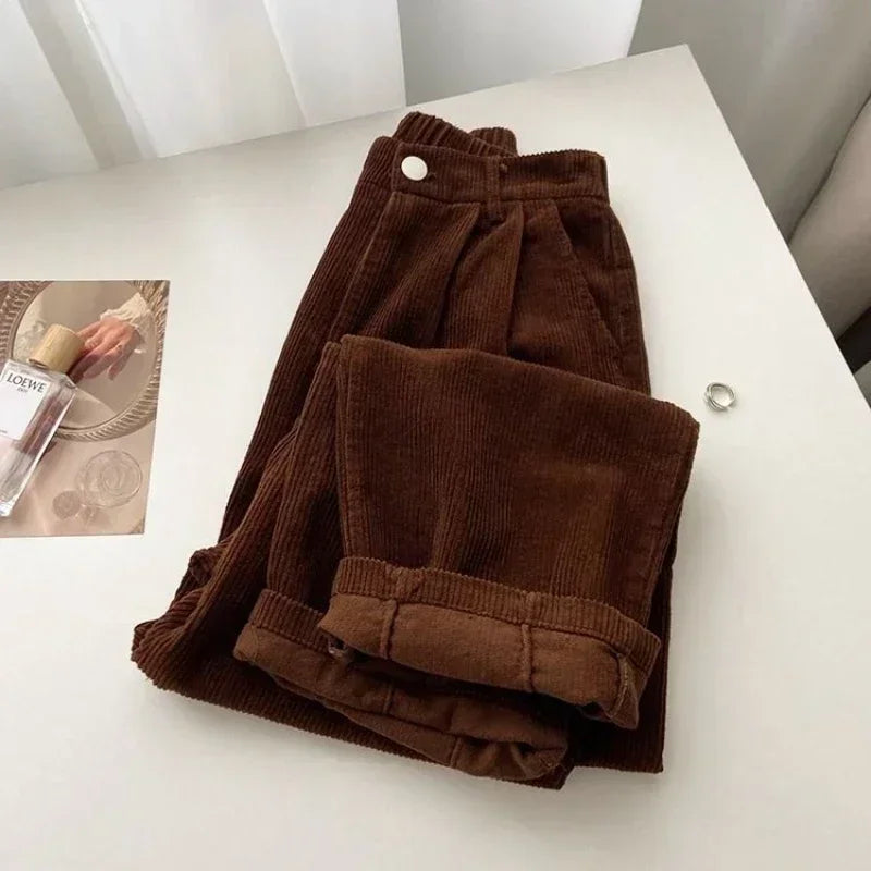 Vintage High Waist Corduroy Pants Women Spring Fall Straight Causal