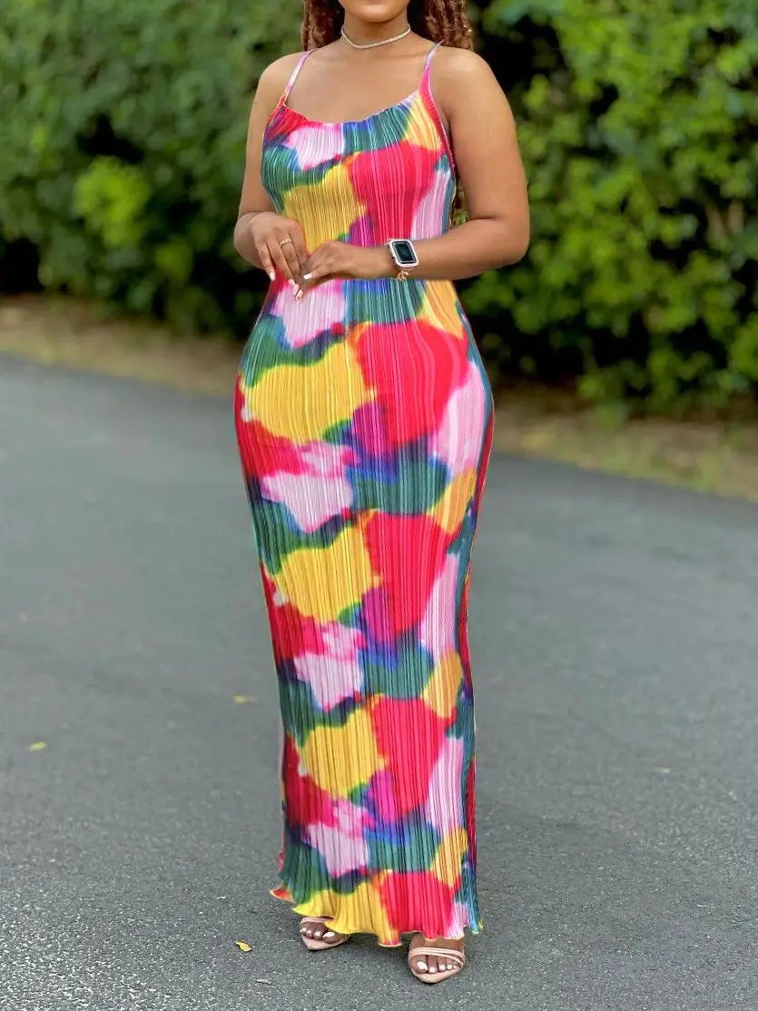 Women's Tie Dye Print Pleated Dress,Summer Spaghetti Strap Bodycon