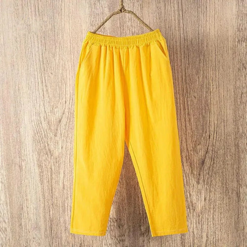 Women Summer Casual Loose Harem Elastic Waist Cotton Linen Pants Ninth