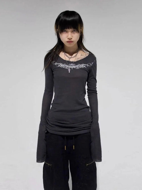 Seeslim Gothic Graphic T Shirts Women Long Sleeve Korean Fashion 2000s