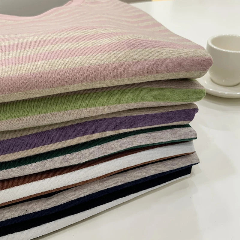 Summer Short Sleeve Striped T-Shirts Versatile Women Knitted Basic