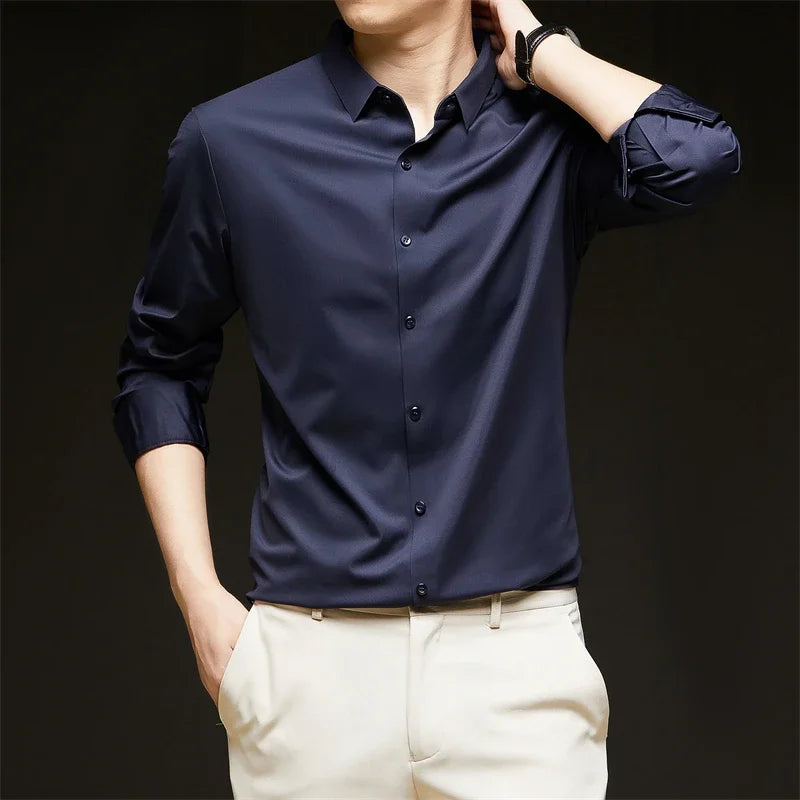 New Men's Business Casual Long Sleeved Solid Color Shirt Wrinkle
