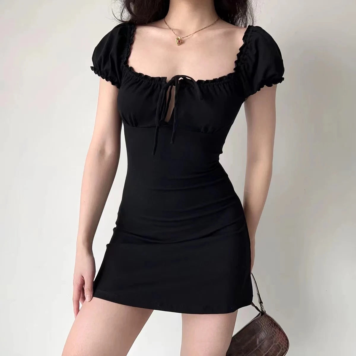 Summer Sexy Mini Dress Women Short Sleeved Lace up Hollow Casual