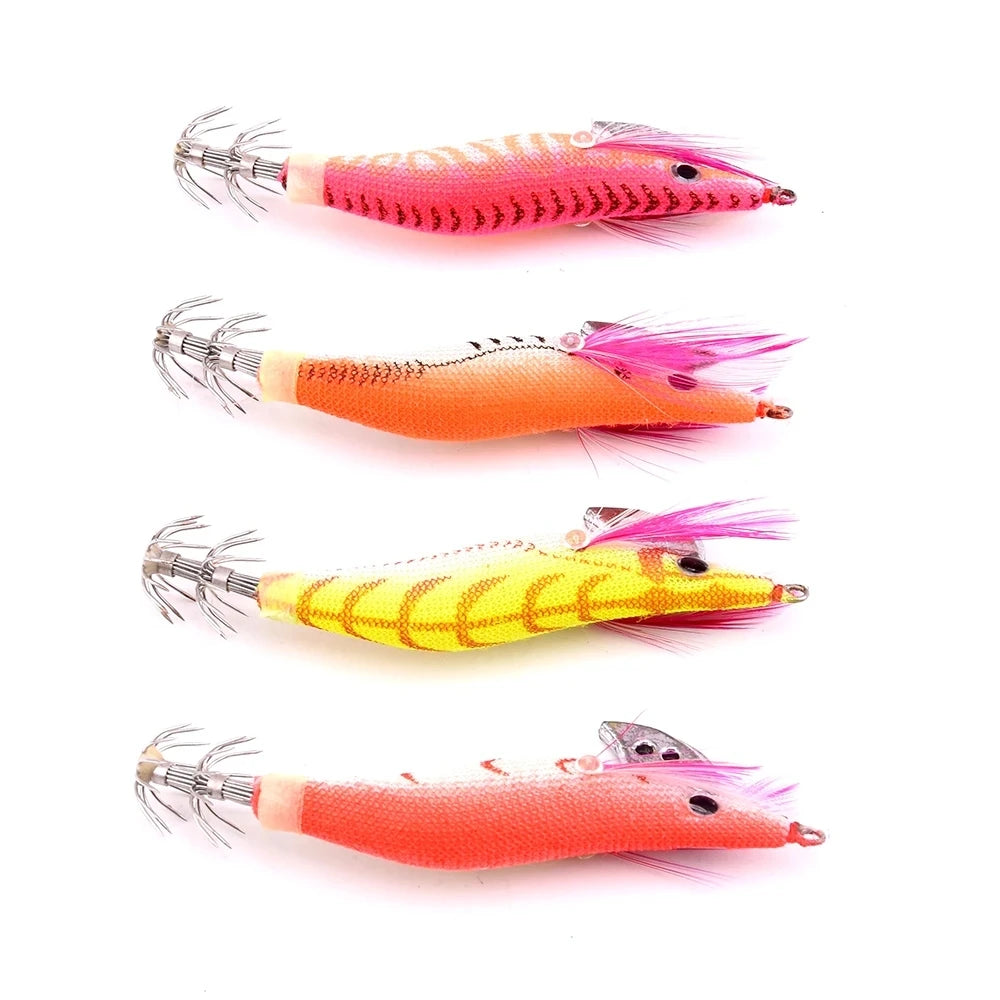 4PCS Fishing Lures Wrapped Prawn Lure Octopus Shrimp Wood Baits Squid