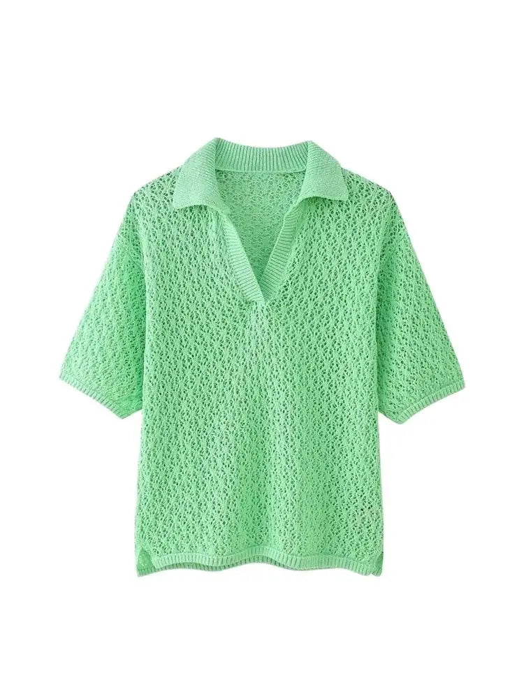 TRZA Women Fashion Pointelle Knit Loose Sweater Polo Collar Short