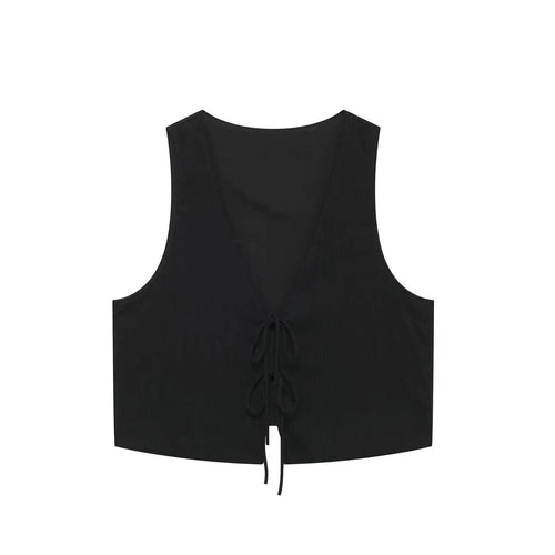 TRAFZA Women Fashion Vintage Solid Skirt Suit Bow Lace-up Tank Tops V