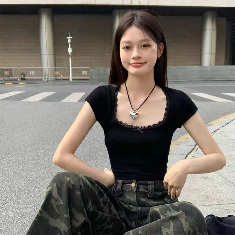 Y2k Lace Patchwork Crop T-shirt Women Vintage Streetwear Sexy Slim U