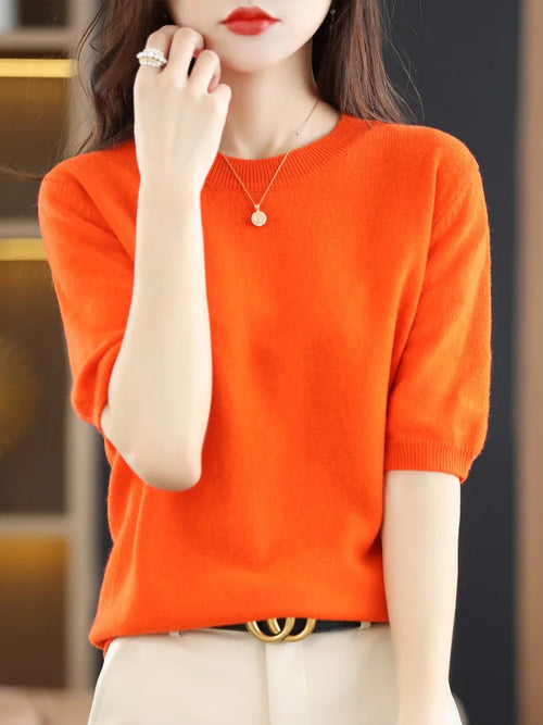 New Short-sleeved Knitwear Women O-neck T-shirt Wool Cotton Blend