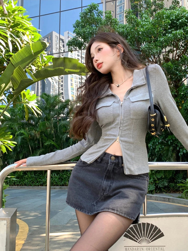 Women T-shirt Spring Autumn Clothes Ribbed Knitted Long Sleeve Short