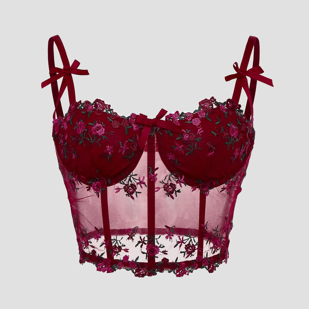 Sexy Lace Floral Embroidery Bow Corset For Women Camisole Sheer Mesh