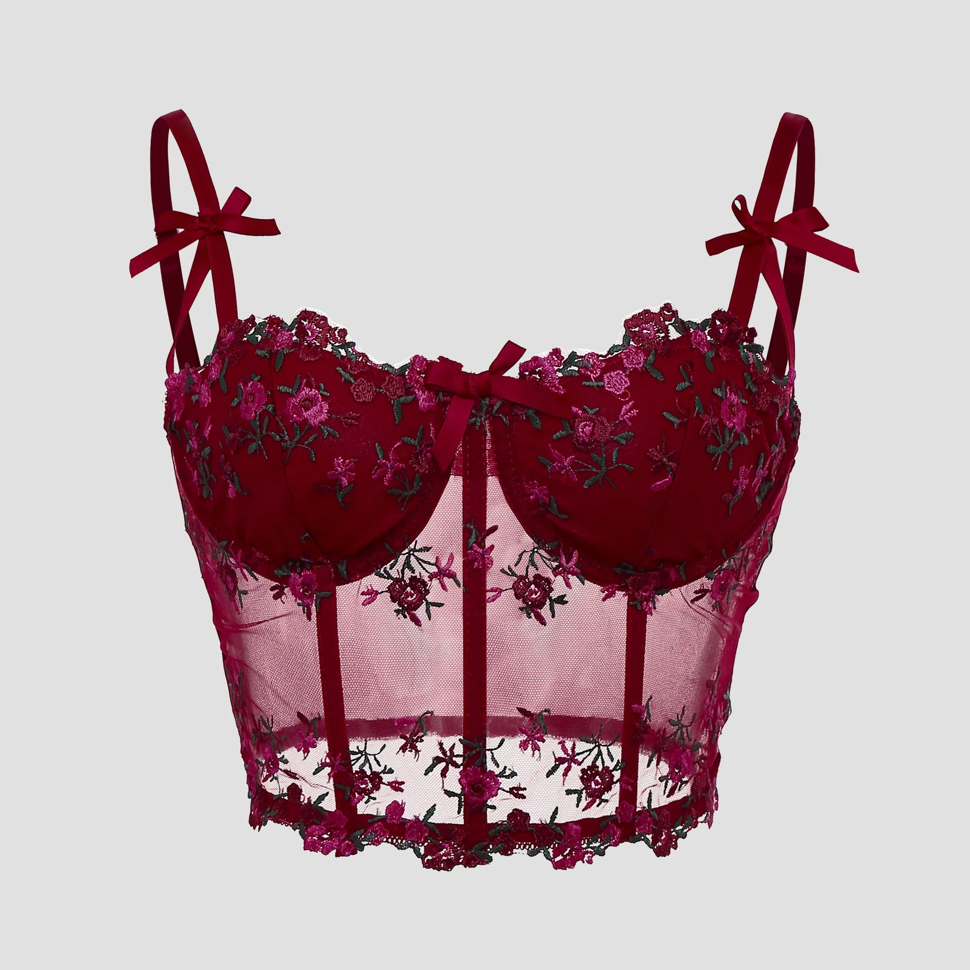 Sexy Lace Floral Embroidery Bow Corset For Women Camisole Sheer Mesh