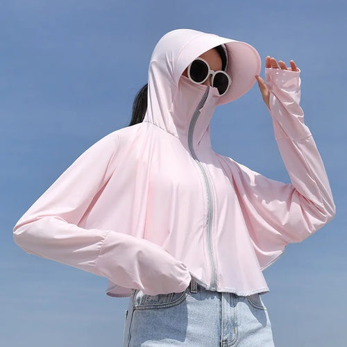UPF 50+ Women Sunscreen Hoodie Solid Color Thin Ice Silk Summer UV
