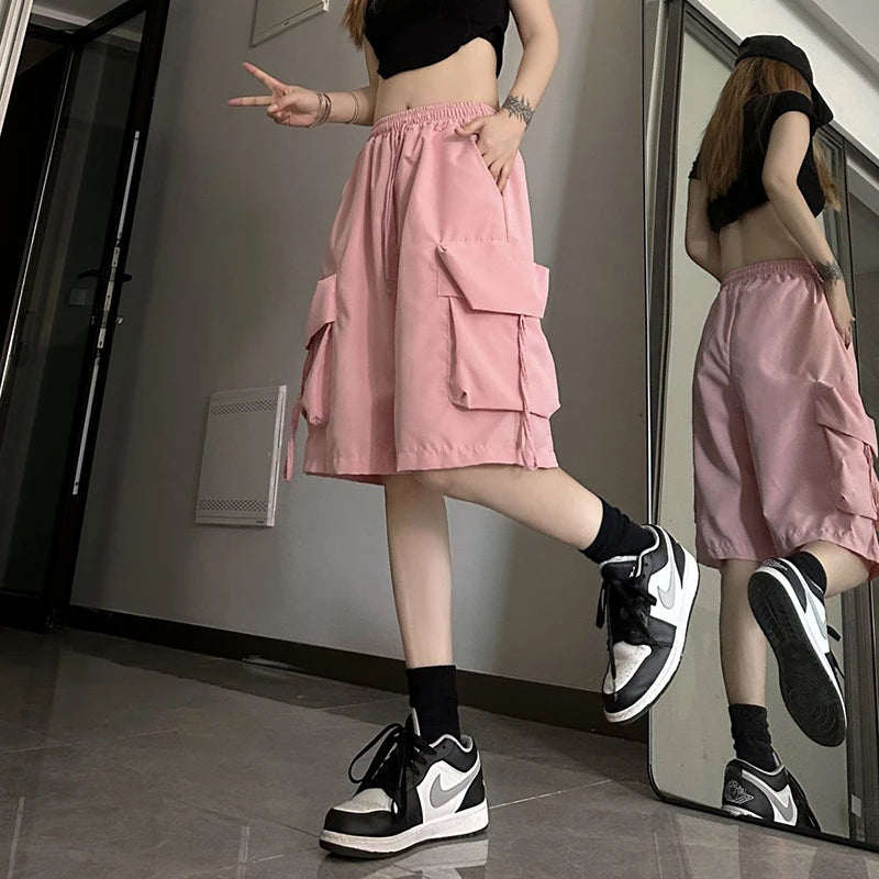 Gidyq Women High Waist Cargo Shorts American Style Streetwear Summer