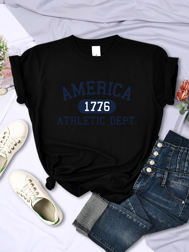 America 1776 Athletic Dept Letter T-Shirt Female Sport Casual Crop Top