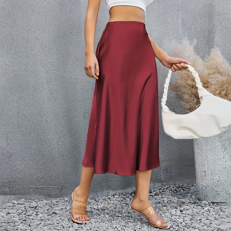 Satin Skirts for Women Korean Style Champagne Office High Waist A-line